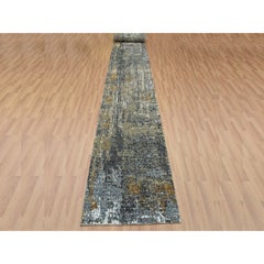 2'5"x19'10" Battleship Gray Wool Hand Knotted Abstract Design XL Runner Rug