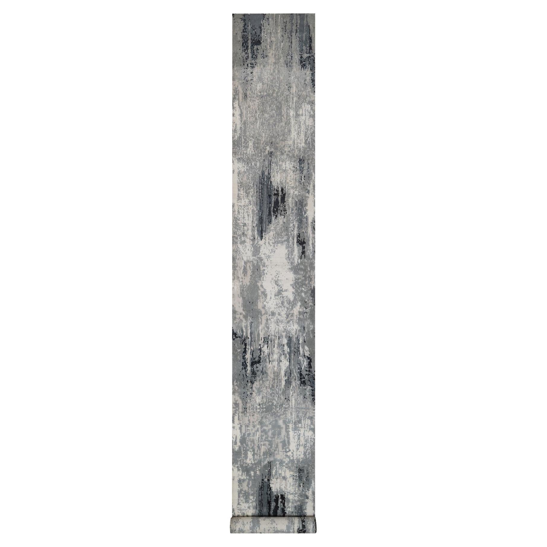 2'5"x19'9" Black-Ivory Hand Knotted Abstract Design Wool and Silk Runner Rug