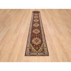 2'5"x20'1" Red, Antiqued Fine Heriz, Hand Spun Wool Hand Knotted XL Runner Rug