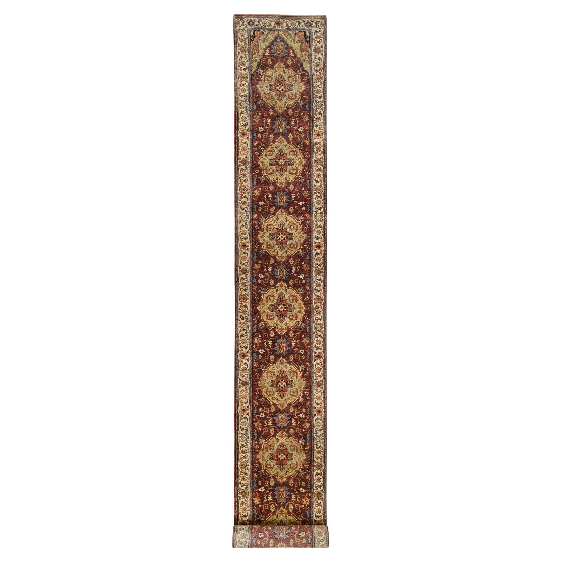 2'5"x20'1" Red, Antiqued Fine Heriz, Hand Spun Wool Hand Knotted XL Runner Rug