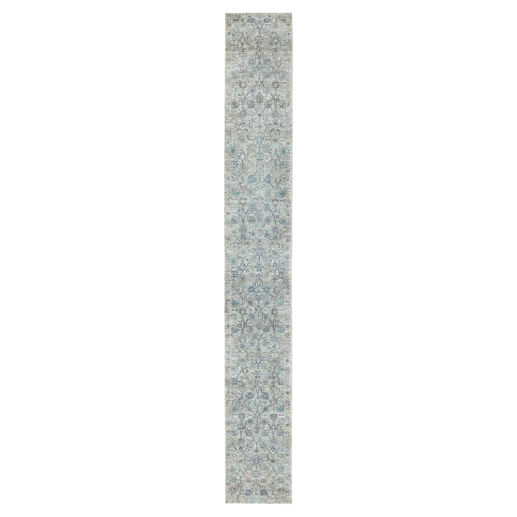 2'5"x20'5" Ivory Silk-Textured Wool Tabriz Hand Knotted Oriental XL Runner Rug