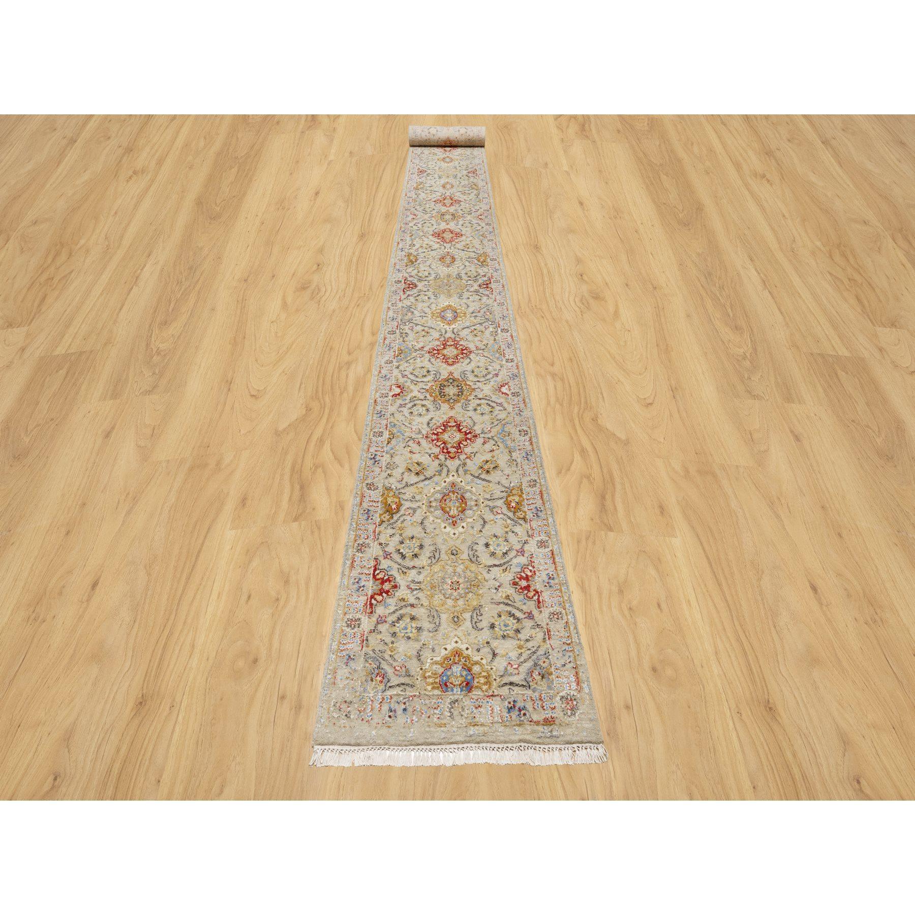 Biscoti Beige, The Sunset Rosettes, Wool and Pure Silk, Hand Knotted, Soft Colors, XL Runner, Oriental Rug
Primary materials: Wool & Silk
Latex: No Pile 
height: 0.25 Inches
Style: Transitional
Primary color: Beige
Secondary colors: Red, Yellow,