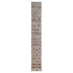 2'5 "x26' Tapis de course en soie blanche et laine texturée, noué à la main, Sickle Leaf Design Rugs