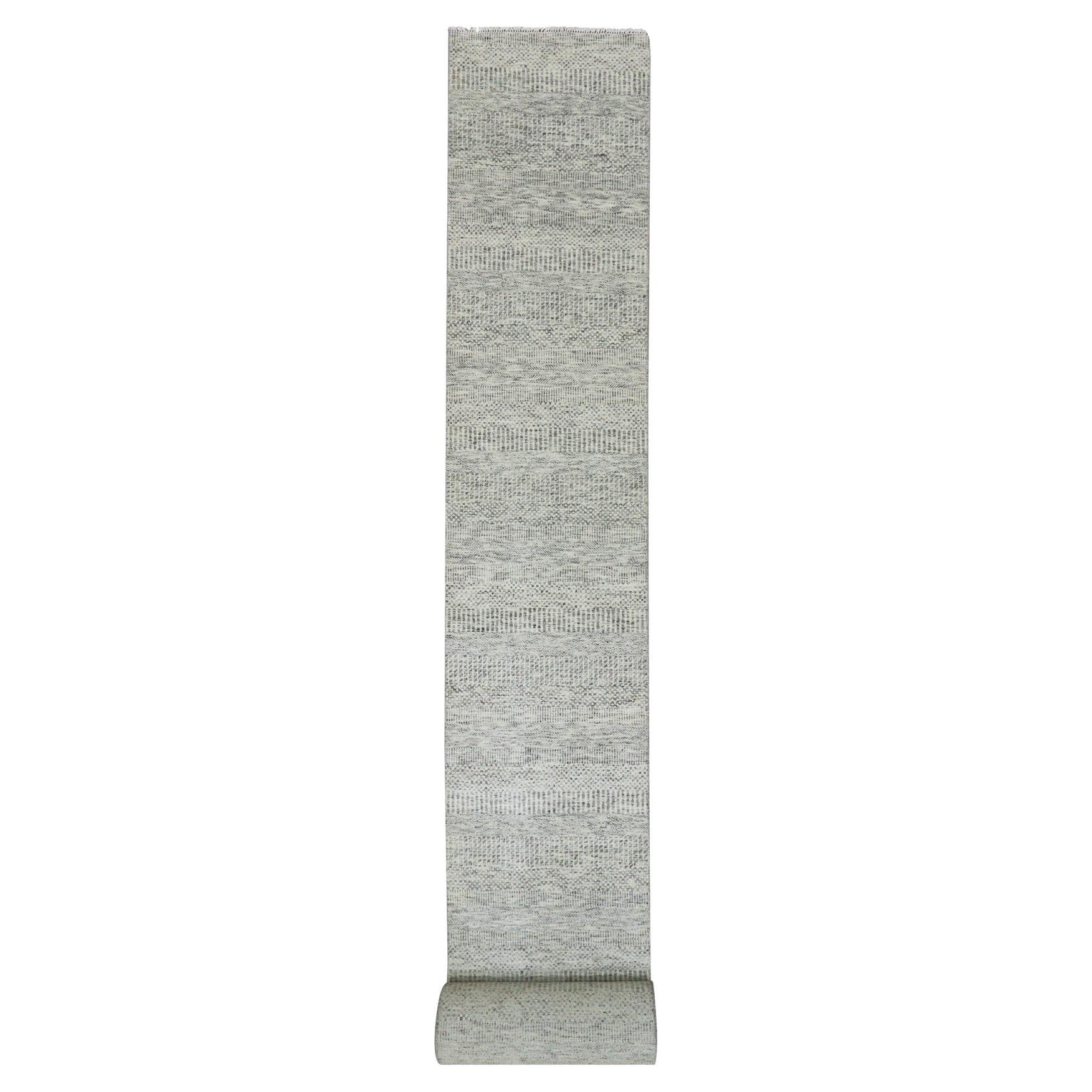 2'5"x26'3" Gray Modern Tone on Tone Grass Design Hand Knotted Wool XL Runner Rug For Sale