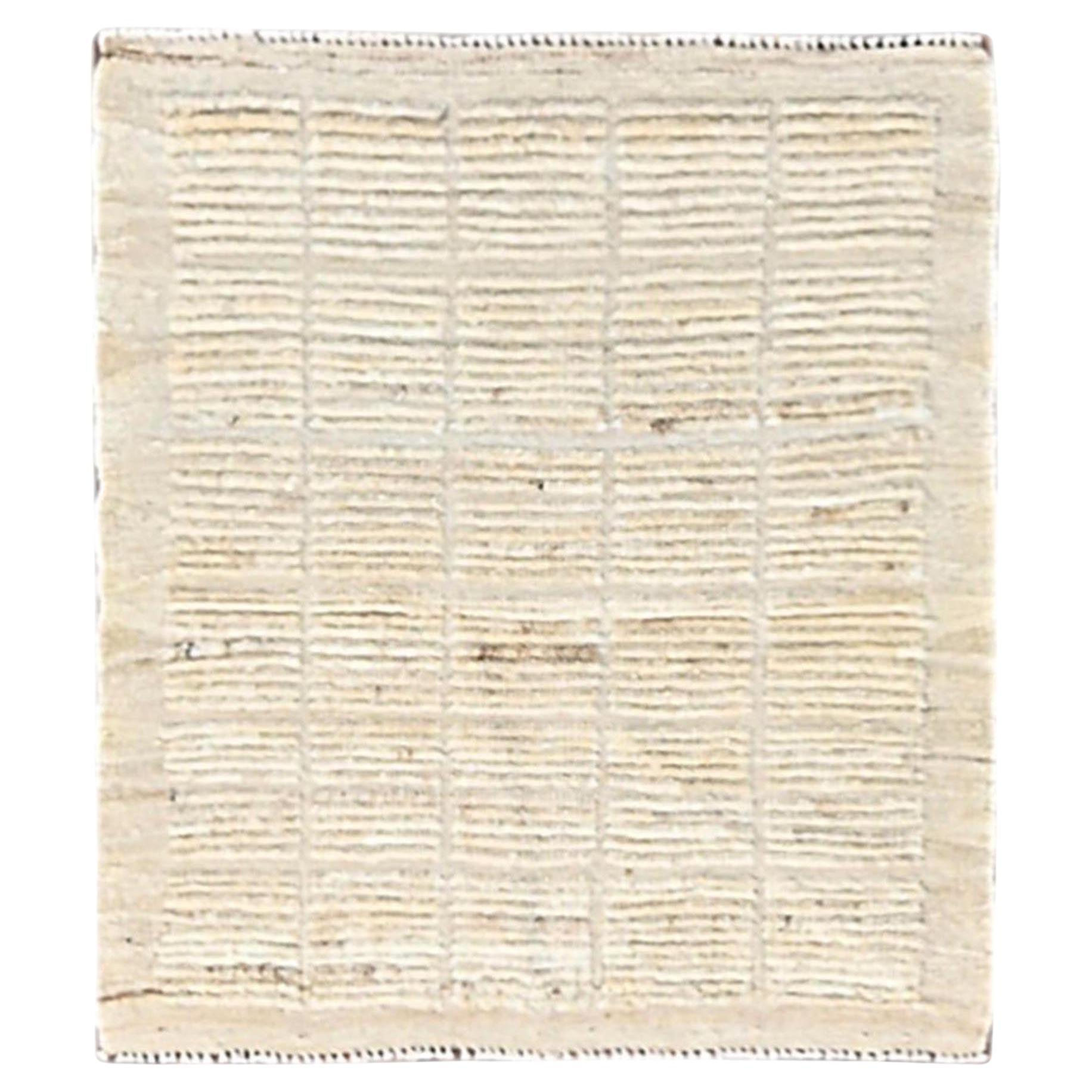 2'5"x2'9" Ivory Hand Knotted Moroccan Weave with Grid Design Wool Mat Small Rug For Sale