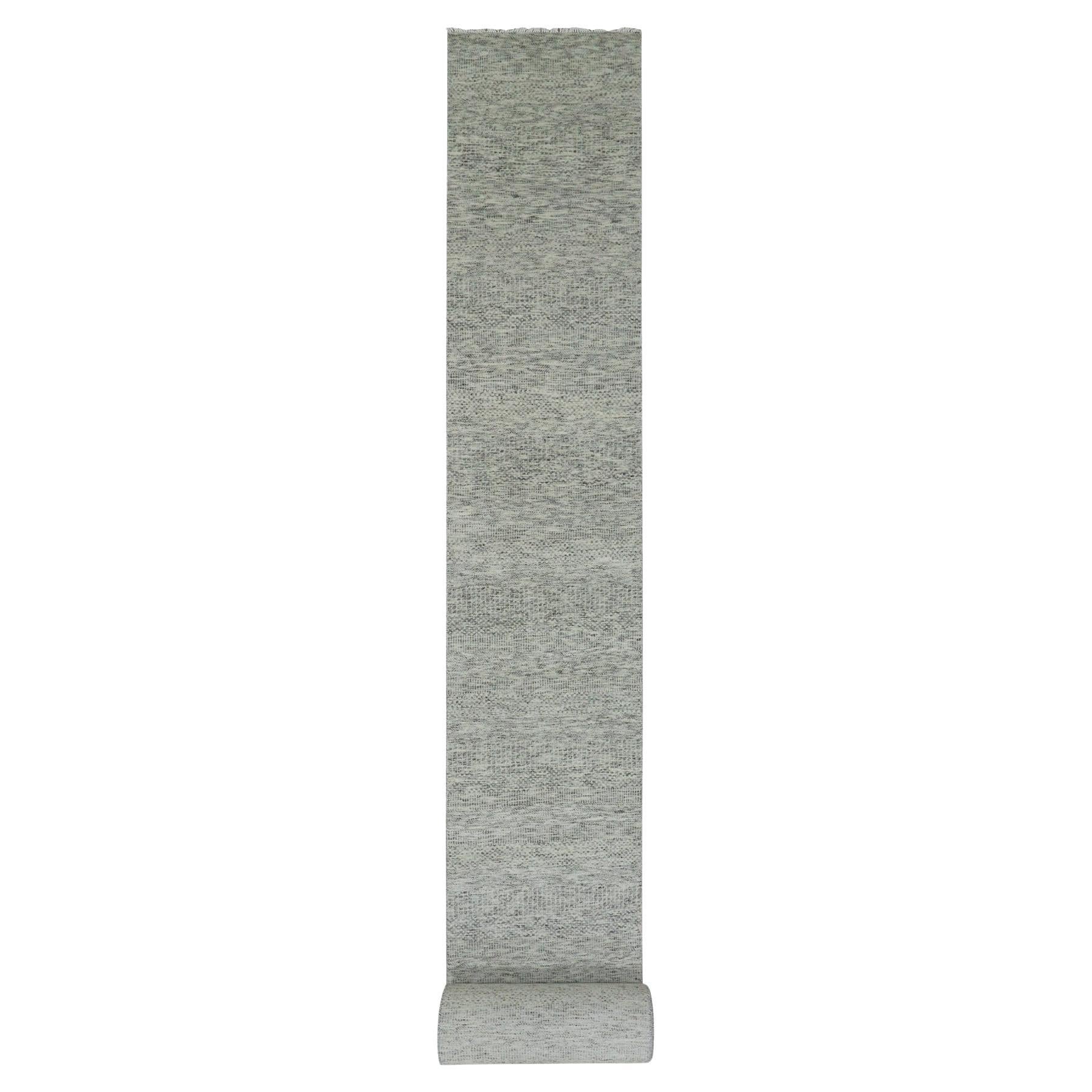 2'5"x29'7" Heather Gray Undyed Wool Grass Design Hand Knotted XL Runner Rug