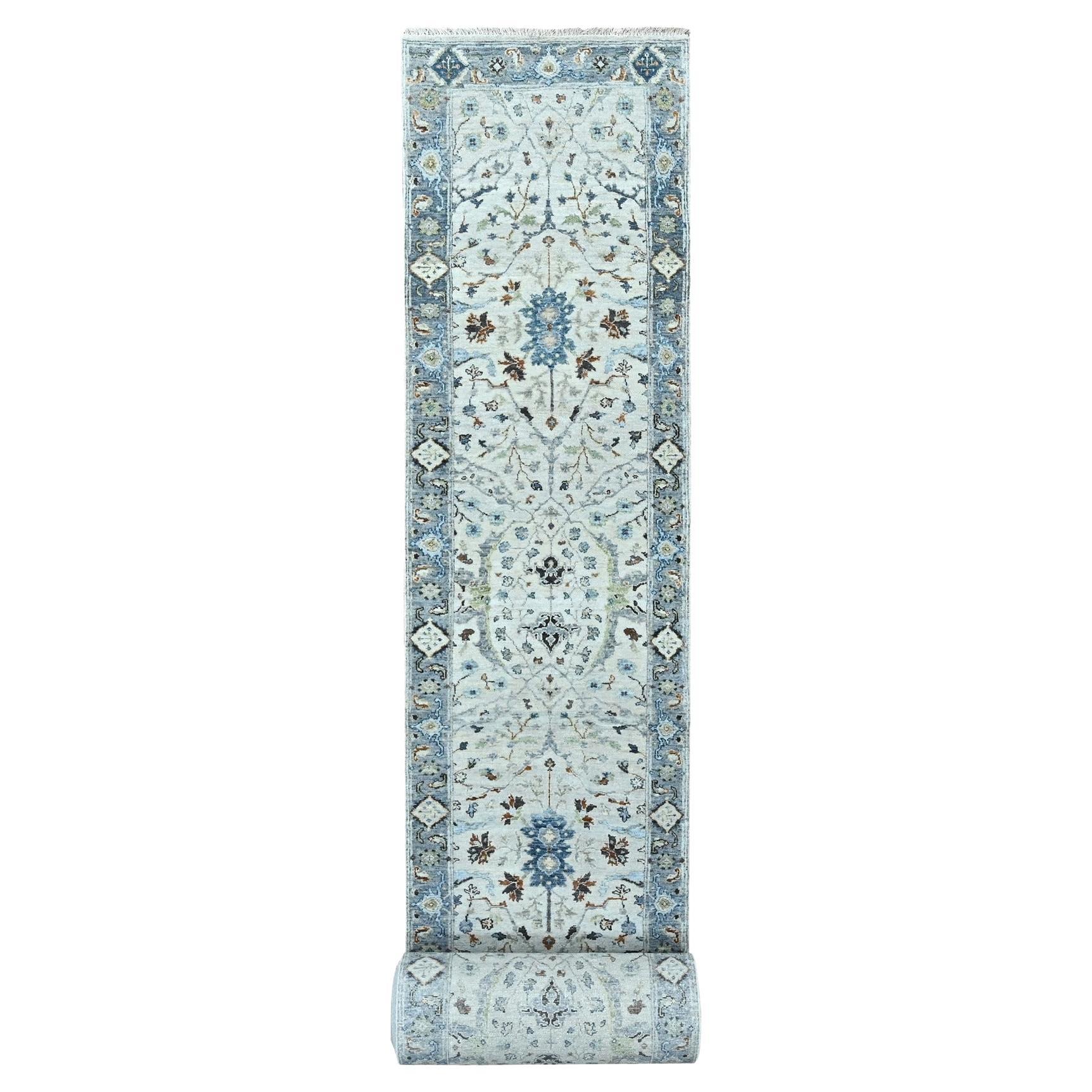 2'5"x30'4" Curio Gray 100% Wool Hand Knotted Oushak Floral Design XL Runner Rug