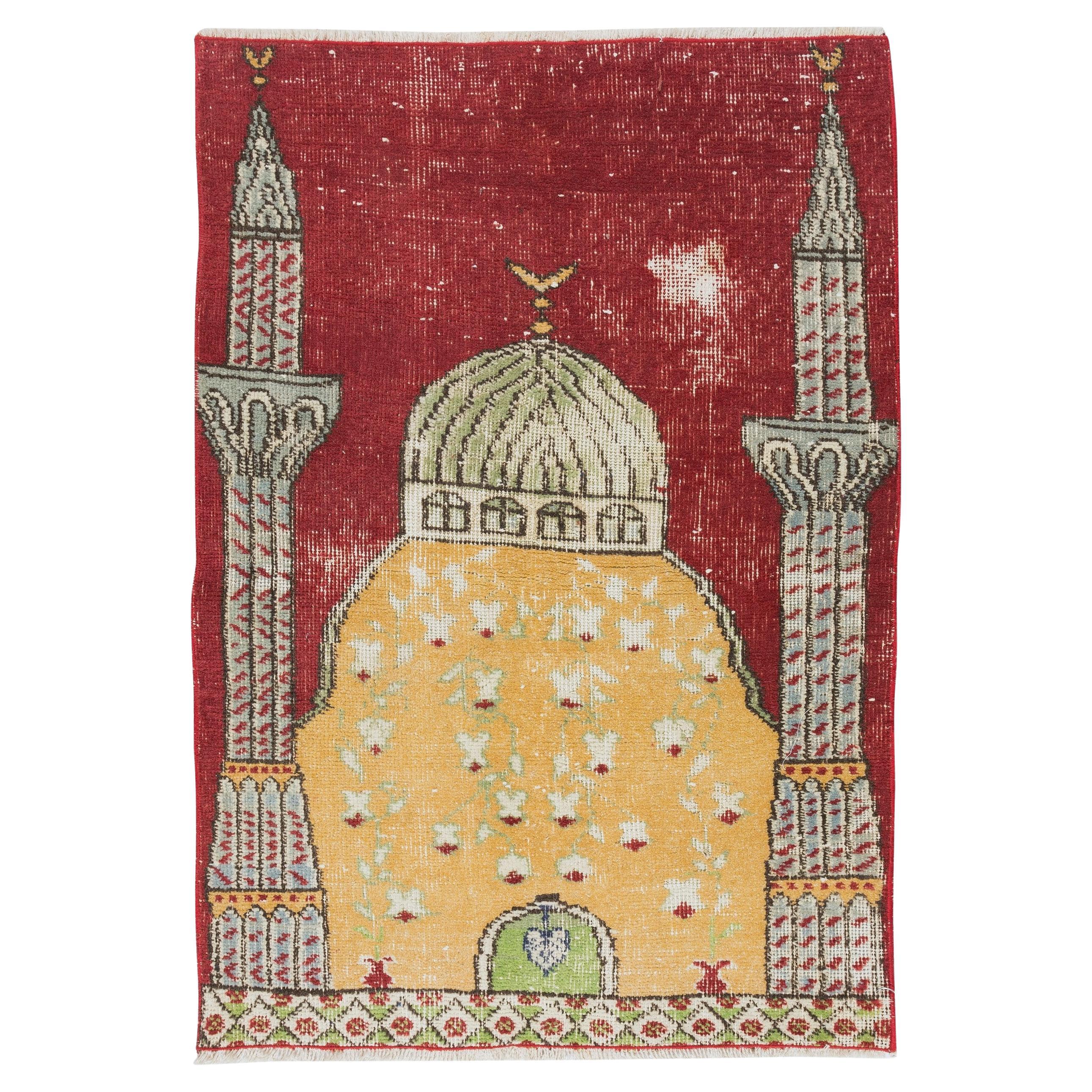 29x43 in Prayer Rug with Mosque Motif, Vintage Handmade Anatolian Rug