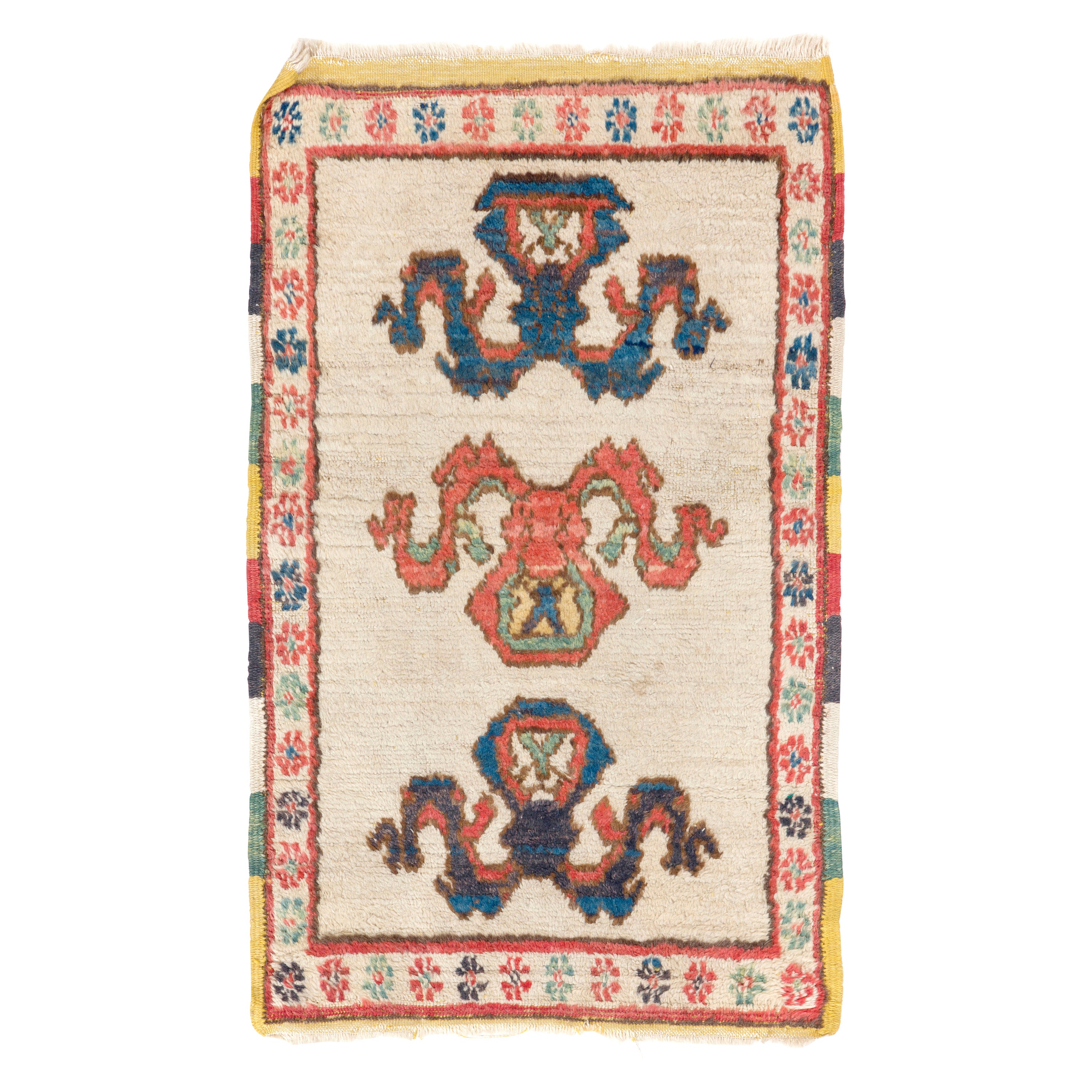 Tappeto semi antico 25x38 con bordo colorato. Coprisedili o tappetini per porte. Tutta la lana in vendita