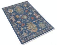 2'5"x4' Blue Modern Accent Rug, Floral Pattern Oushak Floor Covering, 100% Wool