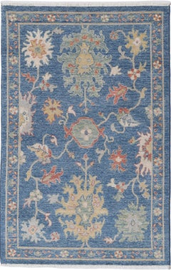 2'5"x4' Blue Modern Accent Rug, Floral Pattern Oushak Floor Covering, 100% Wool