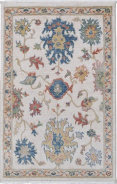2'5"x4' Contemporary Beige Area Rug, 100% Wool Floral Design Oushak Accent Rug