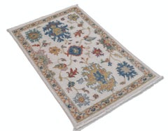 2'5"x4' Contemporary Beige Area Rug, 100% Wool Floral Design Oushak Accent Rug