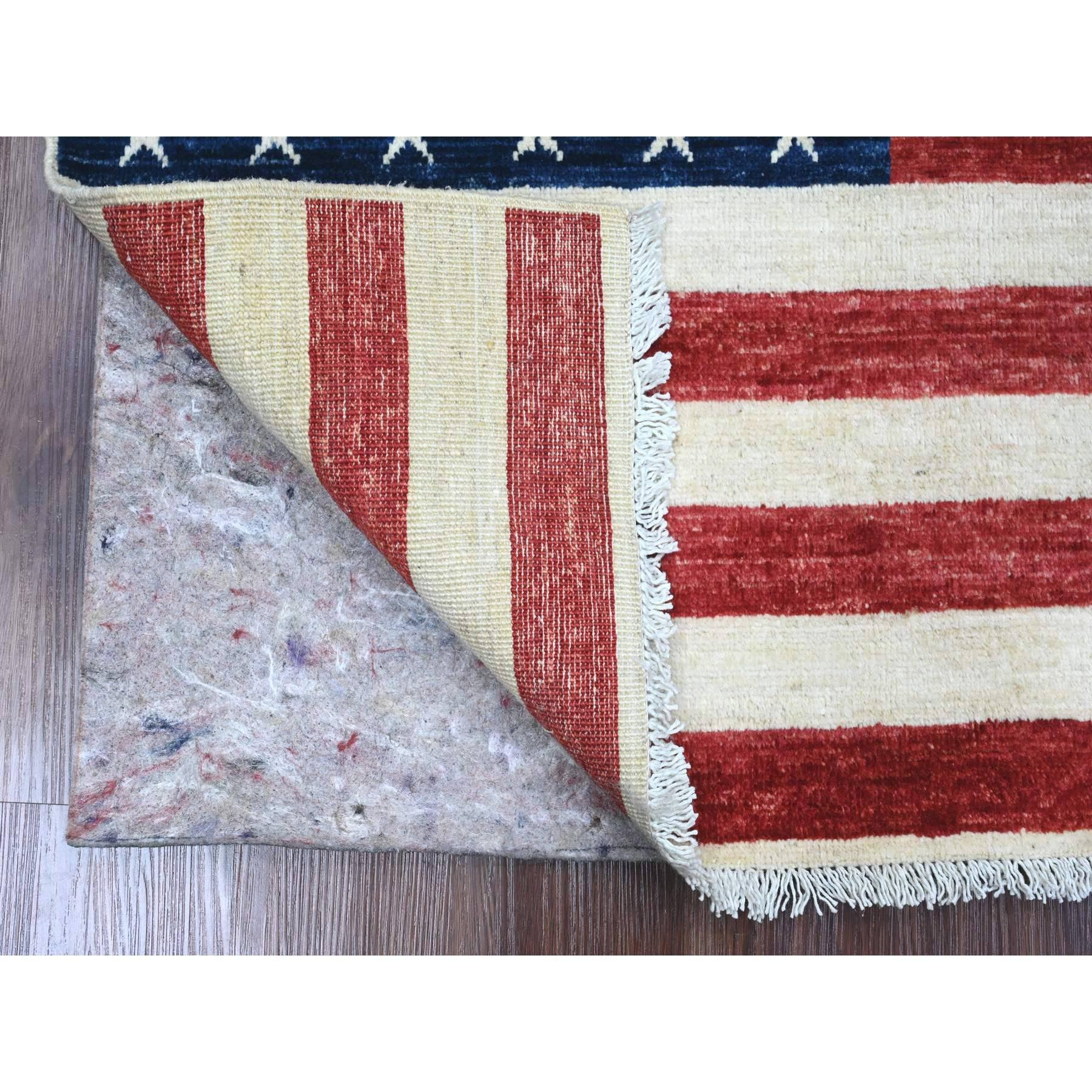 Old Glory Red, Soft Wool, American Flag, Hand Knotted, Peshawar, Wall Hanging, Oriental Rug
Primary materials: Wool
Latex: No Pile 
height: 0.25 Inches
Style: Transitional
Primary color: Red
Secondary colors: Midnight Blue, Ivory
Pattern: Oriental