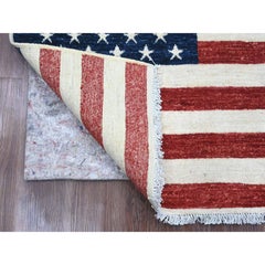 2'5"x4' Red American Flag Hand Knotted Soft Wool Peshawar Wall Hanging Rug