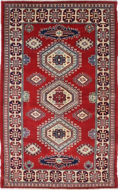 2.5x4.3 ft Handknotted Tribal Wool Area Rug in Red, Navy Blue, Ivory, Light Blue
