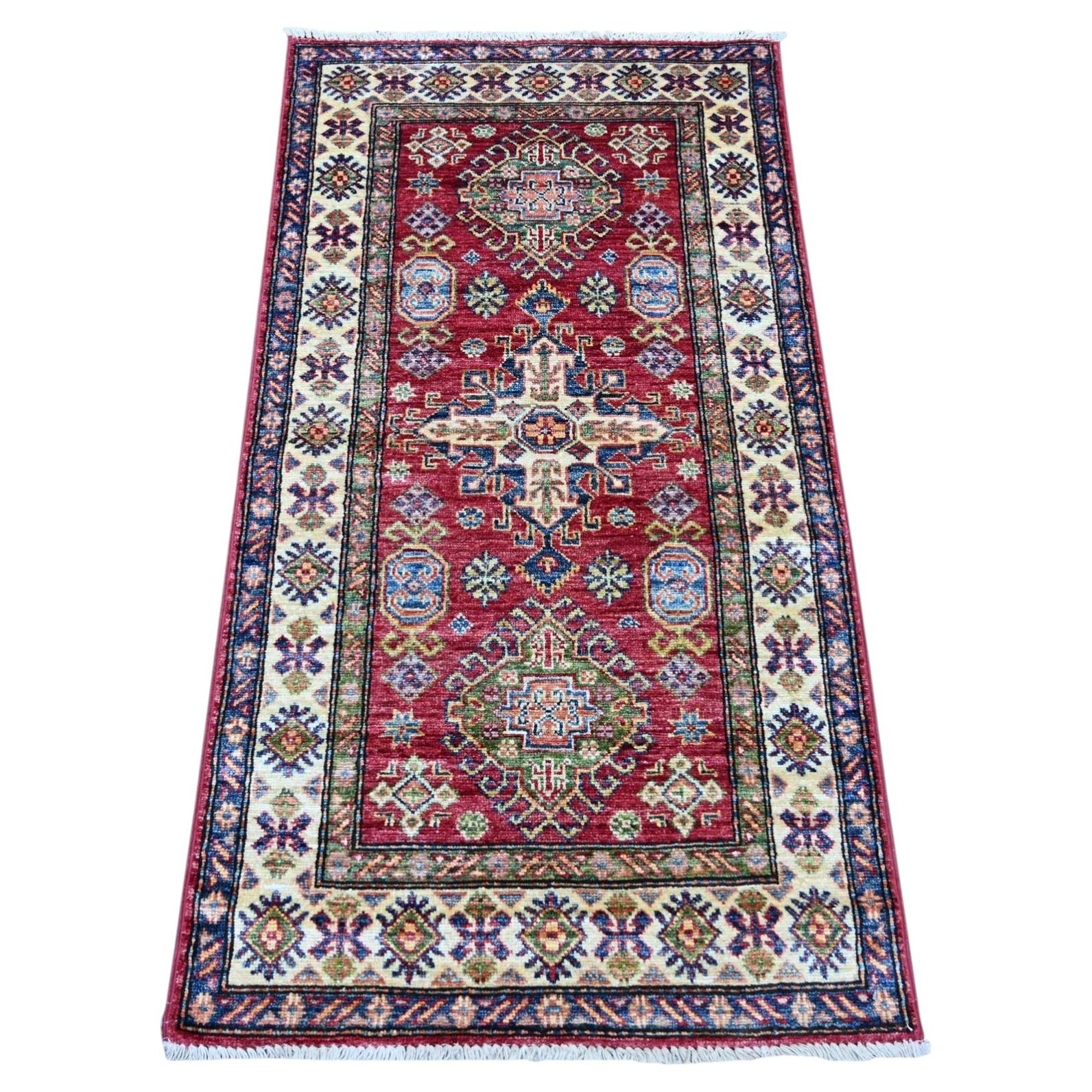 2'5"x4'8" Red Afghan Super Kazak with Medallions Design Hand Knotted Wool Rug