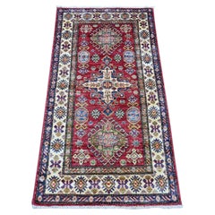 2'5"x4'8" Red Afghan Super Kazak with Medallions Design Hand Knotted Wool Rug