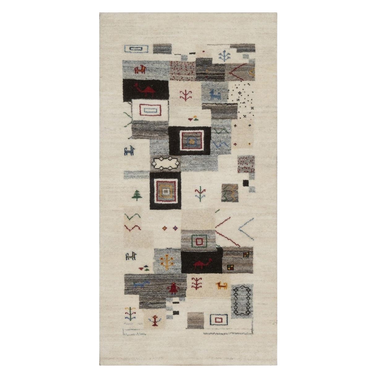 2'5 "x4'9" Blanc Lori Buft Gabbeh avec  Figurines d'animaux Tapis de laine noué à la main