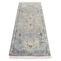 2'5" x 5'10" – handgeknüpfter Läufer aus Seide mit Wollanteil im Oushak-Design, elfenbeinfarben, im Used-Look