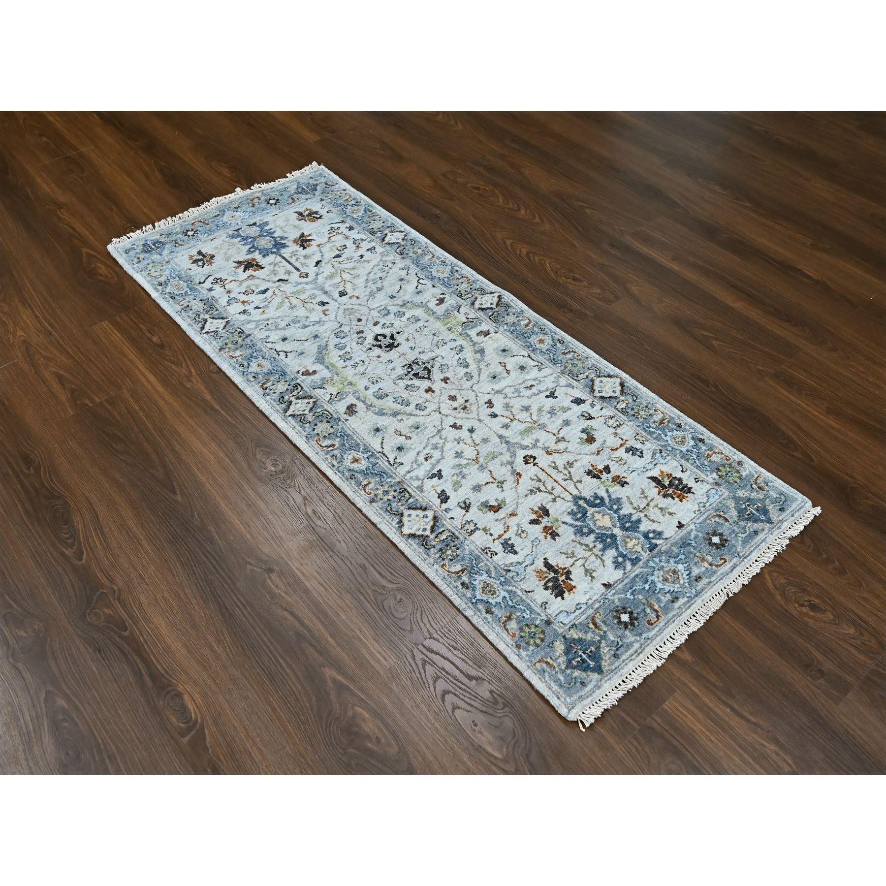 Chiffon White, Hand Knotted, Denser Weave, Oushak with Floral Motifs, Natural Wool, Oriental, Runner Rug
Primary materials: Wool
Latex: No Pile 
height: 0.25 Inches
Style: Transitional
Primary color: Ivory
Secondary colors: Green, Black, Brown,