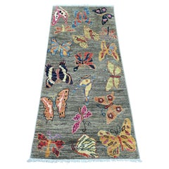 2'5"x5'9" Gray Afghan Peshawar Butterfly Design Hand Knotted Wool Runner Rug