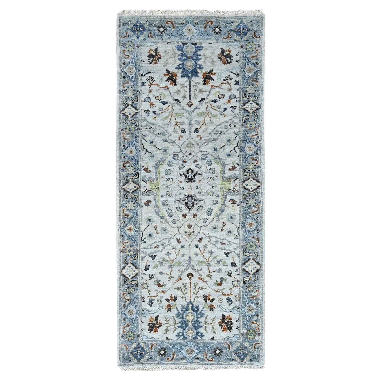 2'5"x5'9"  Gray Hand Knotted Wool Oushak Floral Motifs Runner Oriental Rug