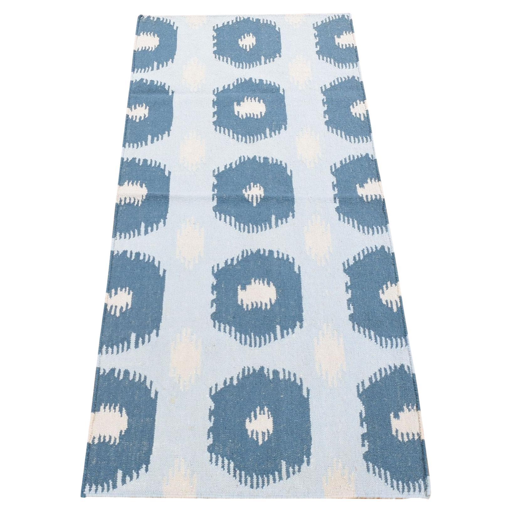 2'5"x6' Blue, Wool Hand Woven, Kilim Geometric Design Flat Weave Runner Rug