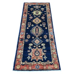 2'5"x6' Denim Blue Peshawar with Karajeh Design Hand Knotted Wool Runner Rug