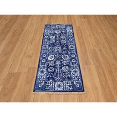 2'5"x6' Denim Blue Tabriz Hand Knotted Wool and Silk Runner Oriental Rug