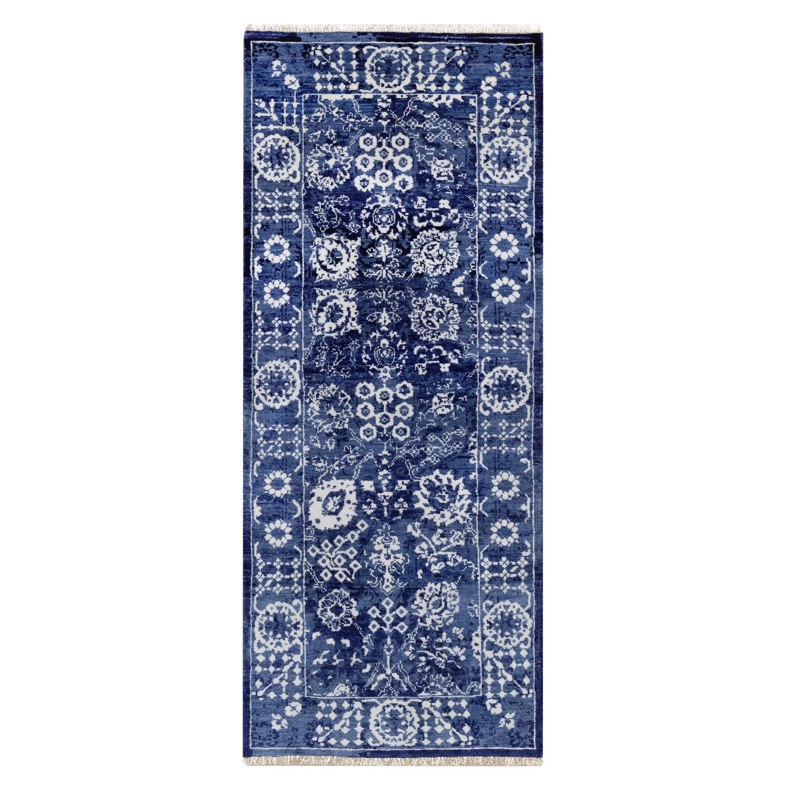 2
5"x6
 Denim Blue Tabriz Hand Knotted Wool and Silk Runner Oriental Rug