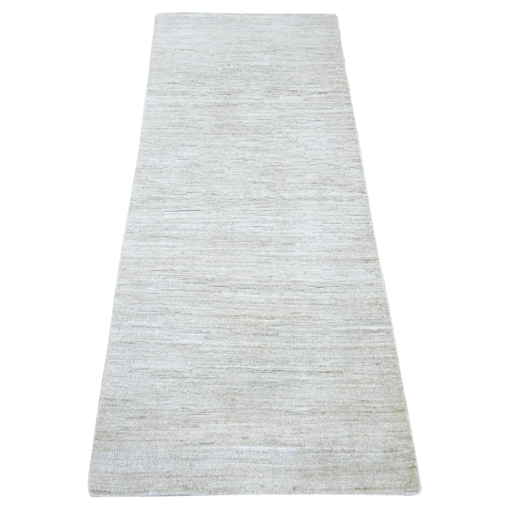 2'5"x6' Ivory Plain Solid Pattern Hand Knotted Ghazni Wool Runner Oriental Rug