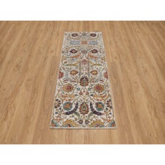 2'5"x6' Ivory Silk with Wool Sickle Leaf Design Hand Knotted Runner Rug