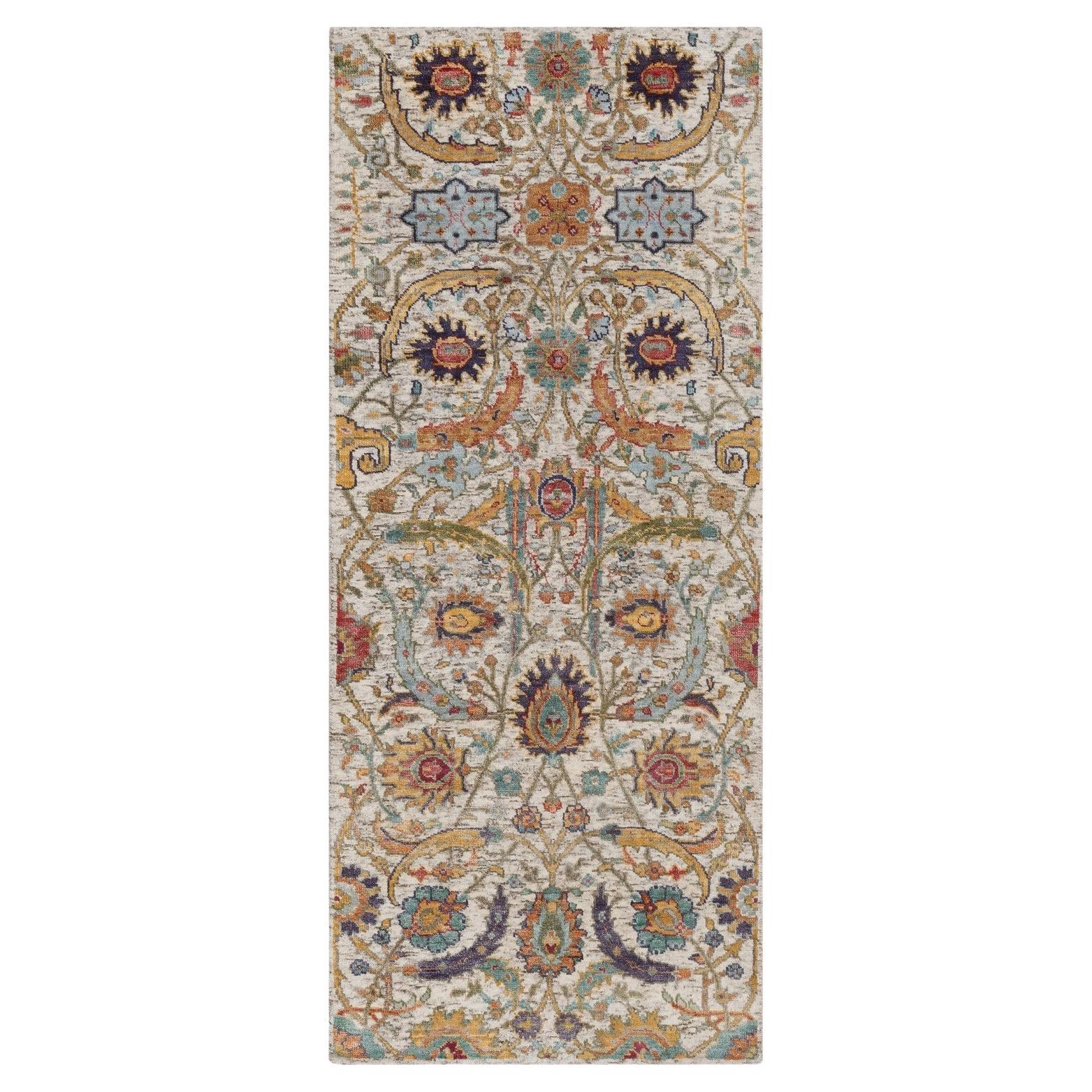 Tappeto Runner annodato a mano 2'5 "x6' Avorio in seta e lana con disegno di foglie di falce