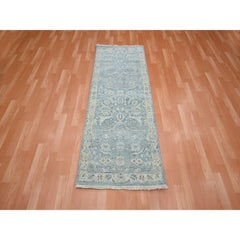 2'5"x6'1" Beau Blue Sickle Leaf Design Hand Knotted Zero Pile Wool Runner Rug