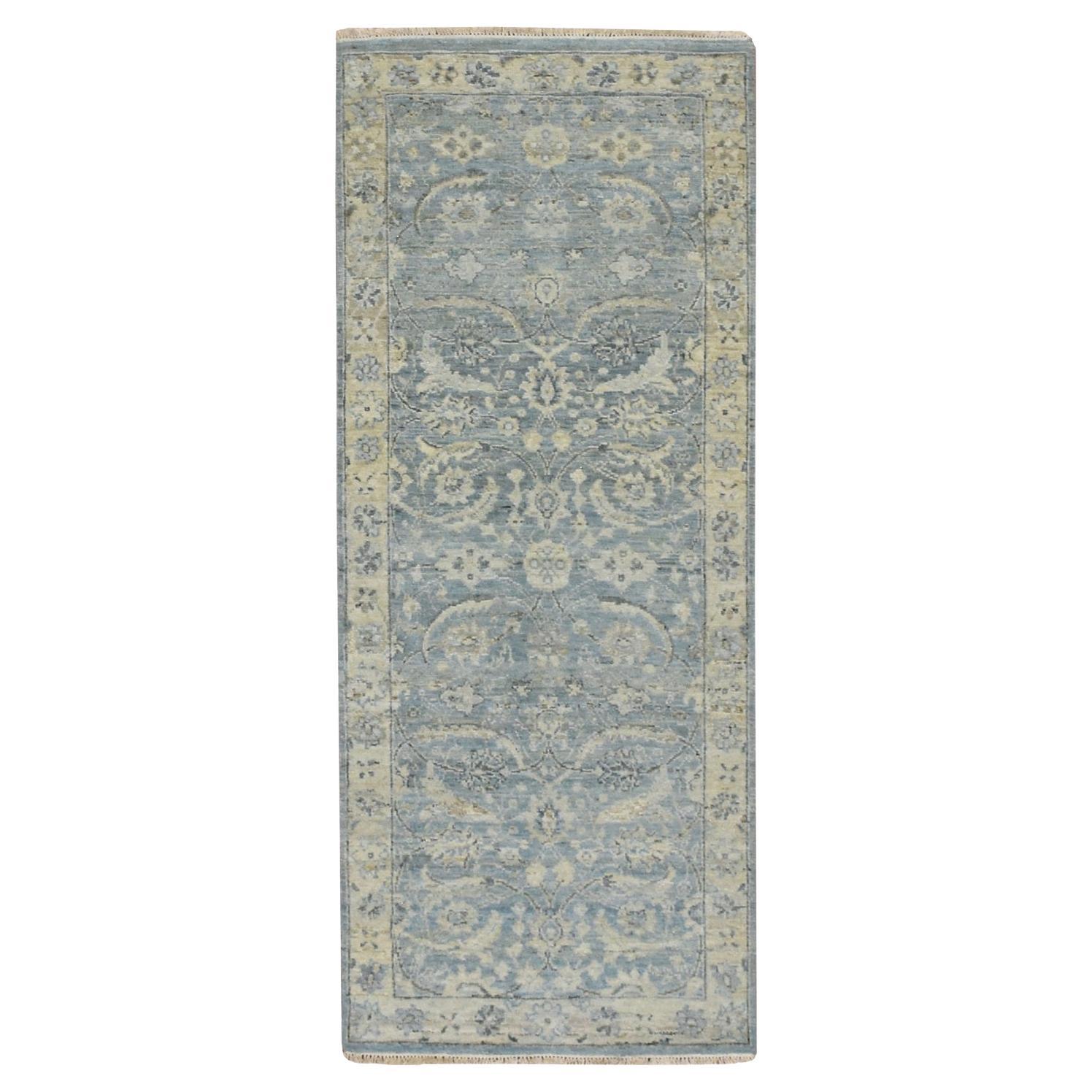 2
5"x6
1" Beau Blue Sickle Leaf Design Hand Knotted Zero Pile Wool Runner Rug