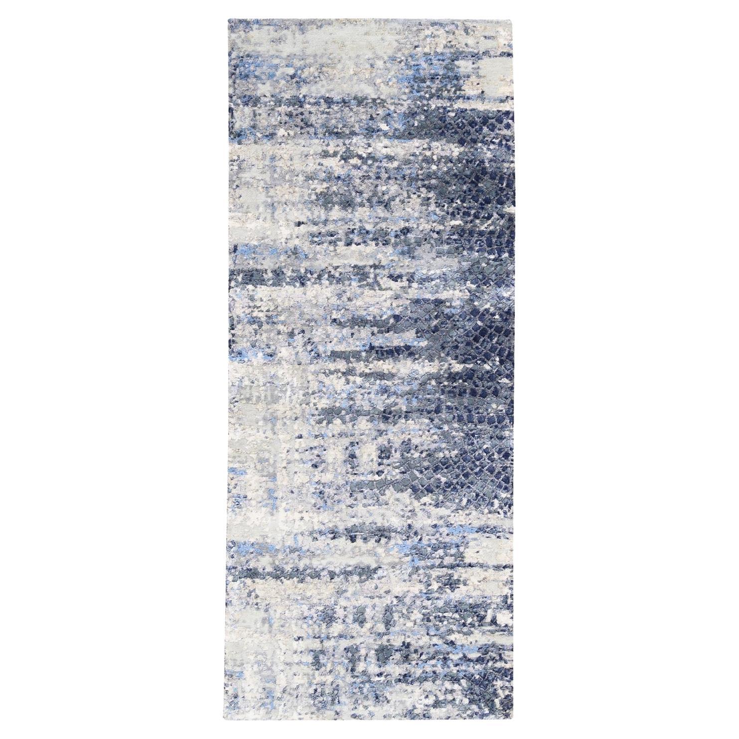 2
5 "x6
1" Blau Abstrakt Mit Mosaik Design Wolle-Seide Handgeknüpft Orientteppich