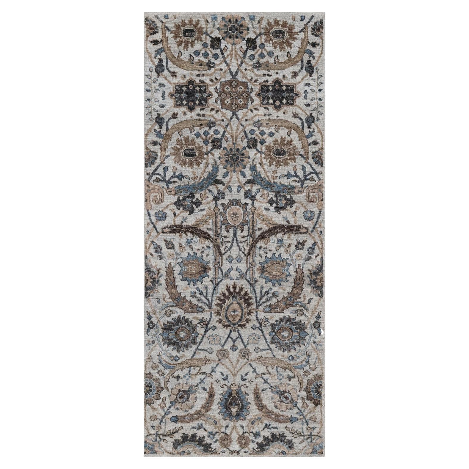 2
5"x6
1" Gray Hand Knotted Silk Textured Wool Sickle Leaf Design Runner Rug For Sale