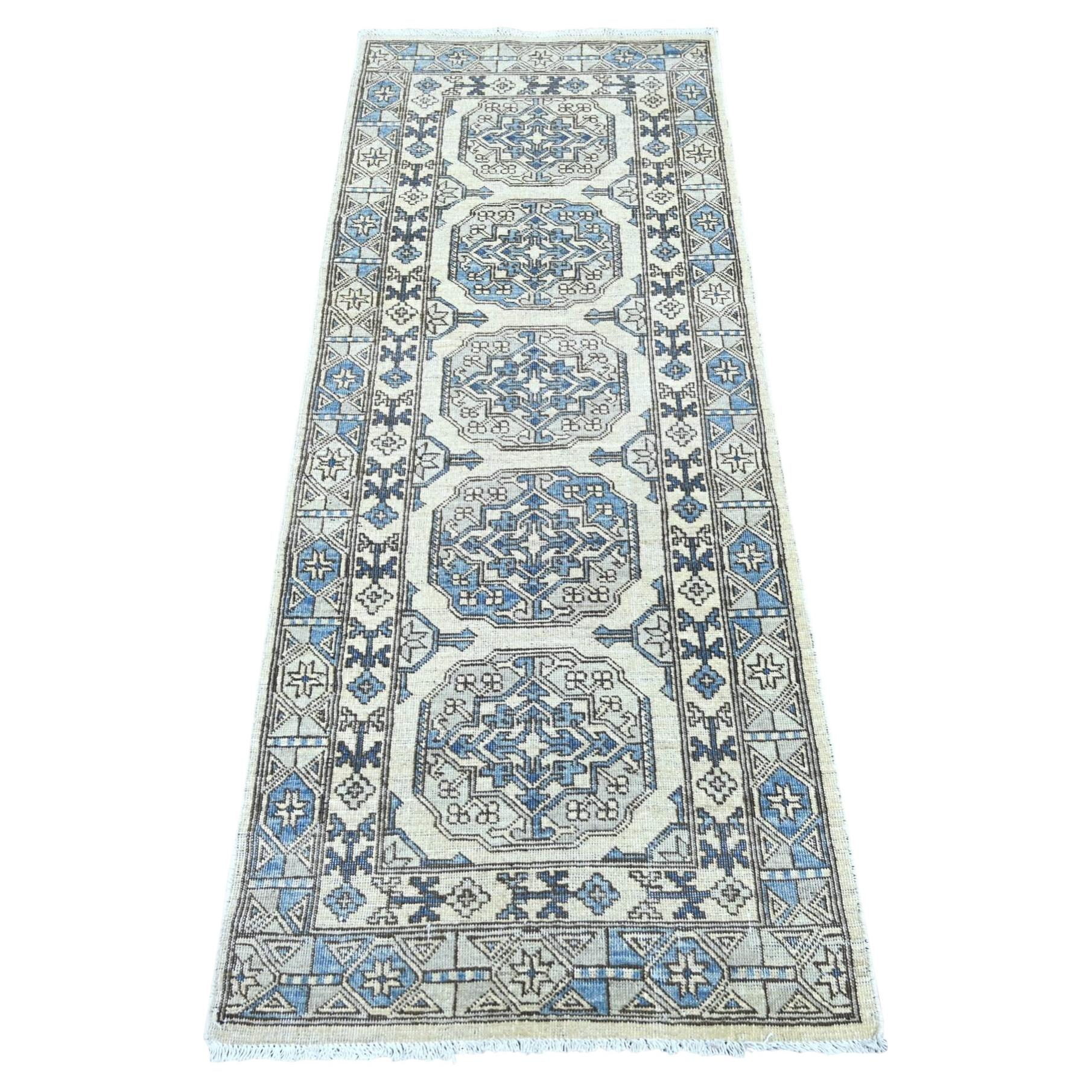 2'5"x6'1" Ivory Hand Knotted Afghan Ersari Elephant Feet Design Wool Runner Rug
