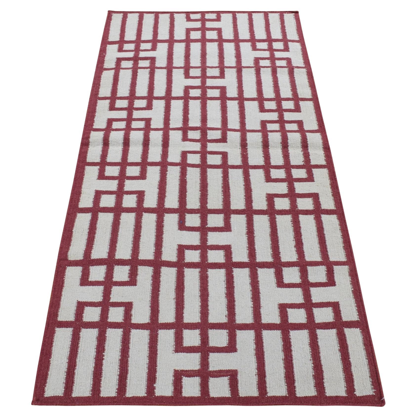 2'5"x6'1" Red, Flat Weave Reversible Kilim, 100% Wool Hand Woven Runner Rug For Sale