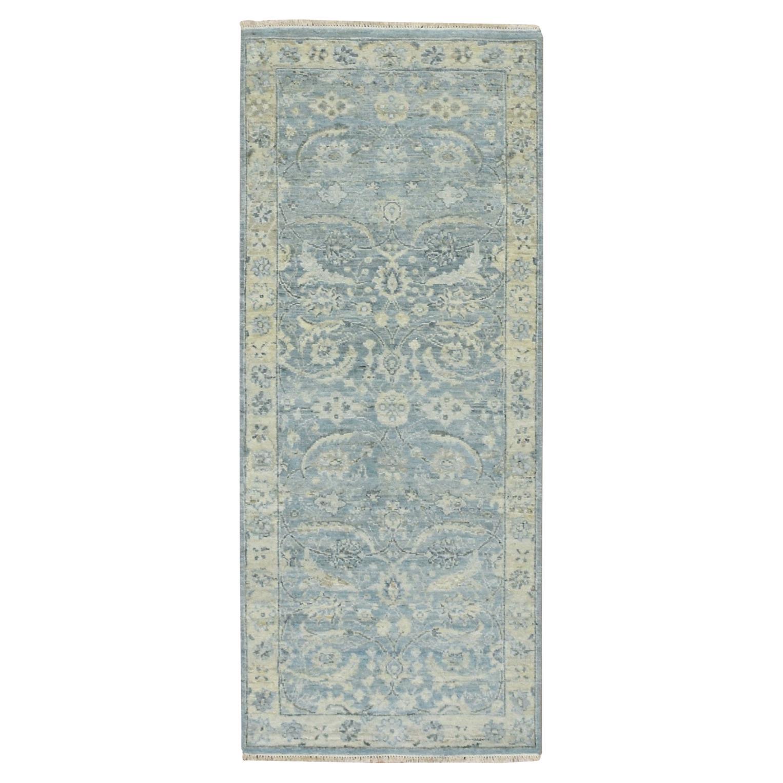 2
5"x6
1" Ruddy Blue Pure Wool Sickle Leaf Design Hand Knotted Runner Rug
