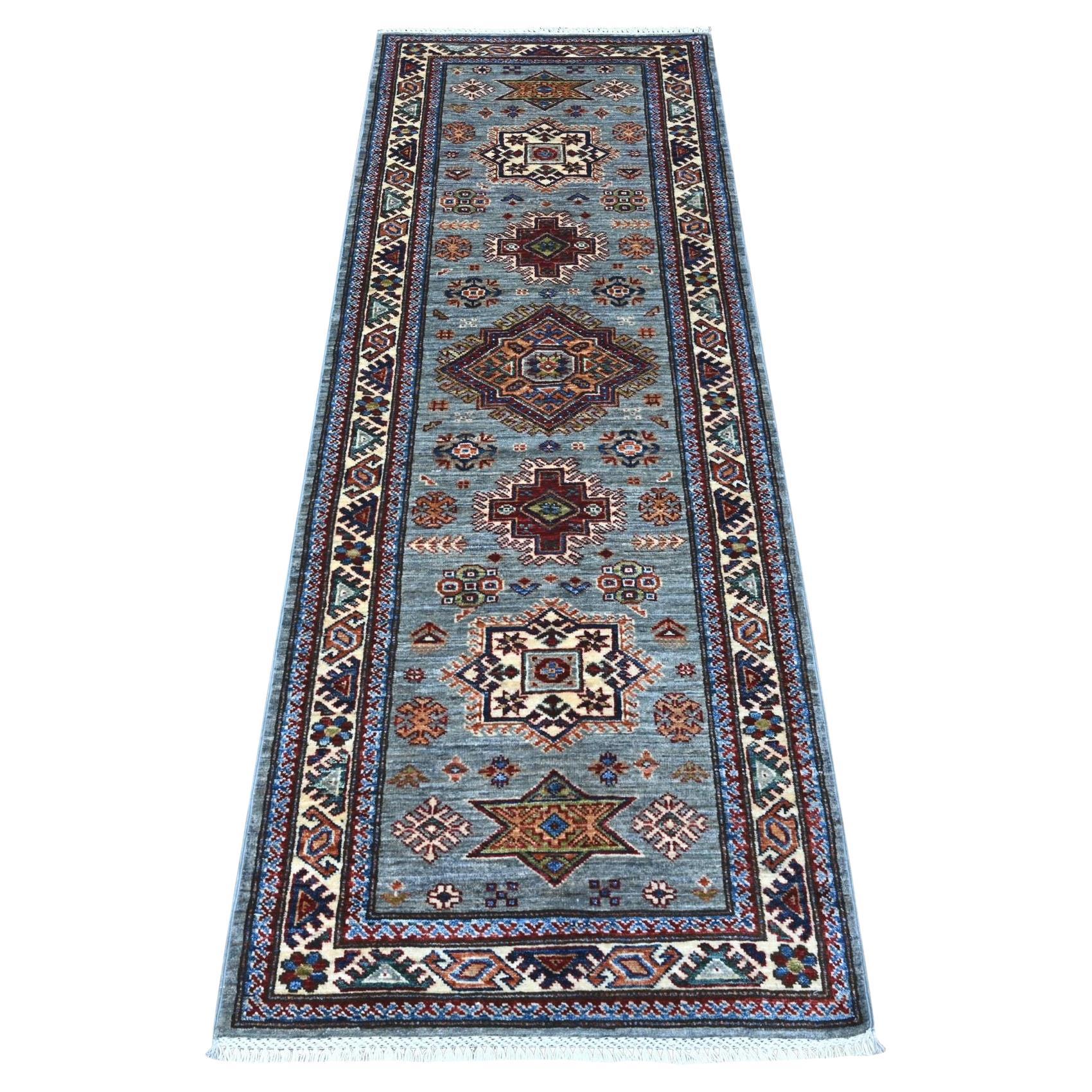 2'5"x6'10" Manatee Gray Hand Knotted Super Kazak Medallions Wool Oriental Rug