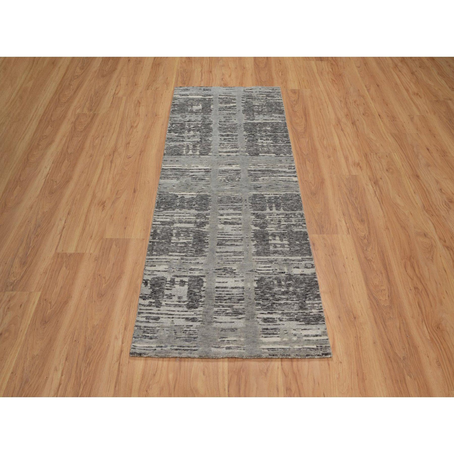 Steel Gray, Modern Criss Cross Erased Design, Hand Spun Undyed Natural Wool, Hand Knotted, Runner, Oriental Rug
Primary materials: Wool
Latex: No Pile 
height: 0.25 Inches
Style: Contemporary
Primary color: Grey
Secondary colors: Ivory,