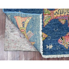 2'5"x6'3" Blue Afghan Peshawar Oceanic Fish Design Wool Hand Knotted Runner Rug
