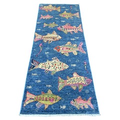 2'5"x6'3" Blue Afghan Peshawar Oceanic Fish Design Wool Hand Knotted Runner Rug