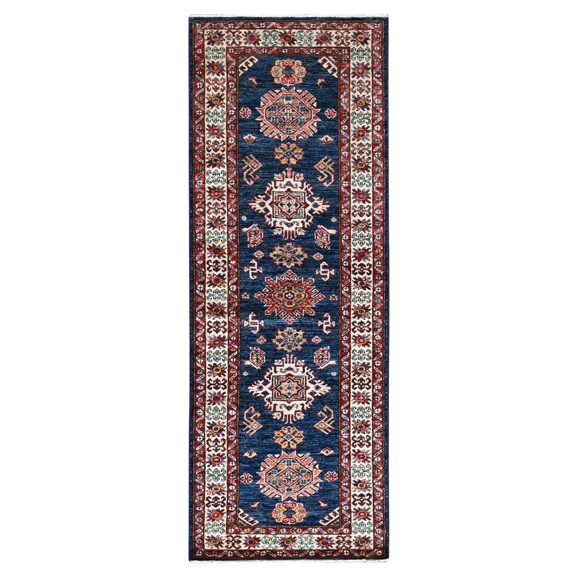 2'5"x6'7" Navy Blue Super Kazak Hand Knotted Densely Woven Wool Runner Rug