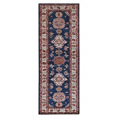 2'5"x6'7" Navy Blue Super Kazak Hand Knotted Densely Woven Wool Runner Rug