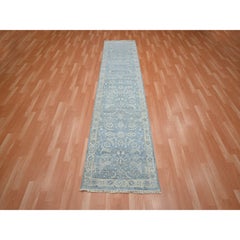2'5 "x7'10" Beau Blue, Tappeto Runner in Pura Lana, Design a Foglie di Falce, Annodato a Mano