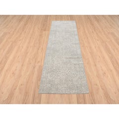 2'5"x7'10" Beige Fine Jacquard Wool and Silk Hand Loomed Runner Oriental Rug