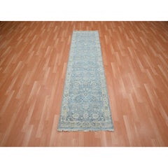 2'5"x7'10" Light Sky Blue Pure Wool Sickle Leaf Design Hand Knotted Runner Rug